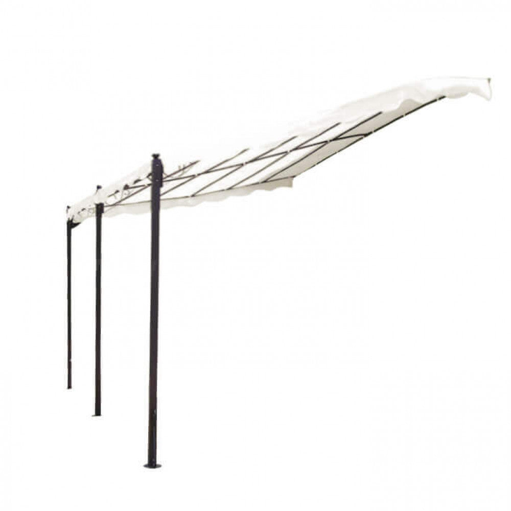 Vista isolata su sfondo bianco del telaio in acciaio antracite e della copertura a onda in poliestere del gazebo pergola addossato 3x4.