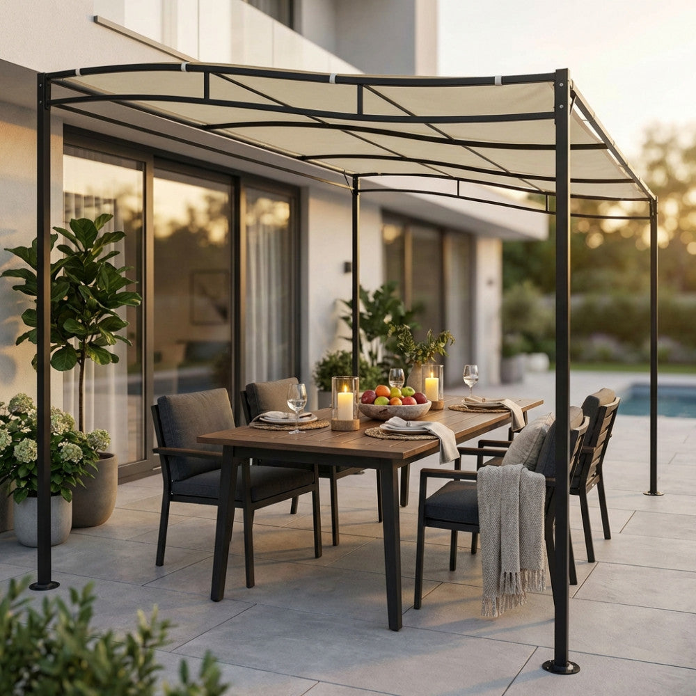 Gazebo pergola autoportante 3x4 in acciaio antracite e poliestere ecrù, allestito su un patio moderno con tavolo da pranzo e sedie scure.