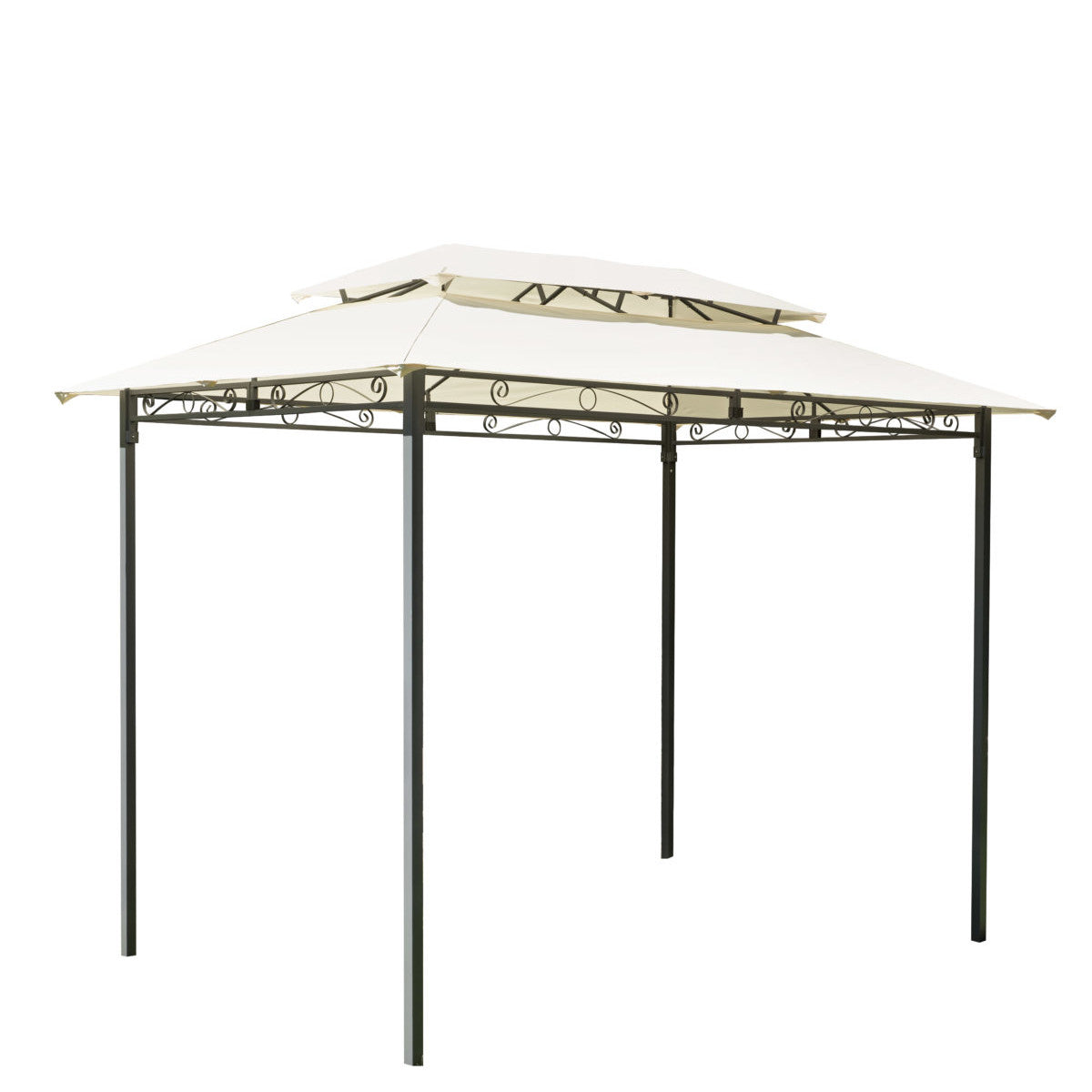 Gazebo da Esterno rettangolare 3x2m con struttura in ferro grigio antracite e telo ecrù, in un piccolo giardino.