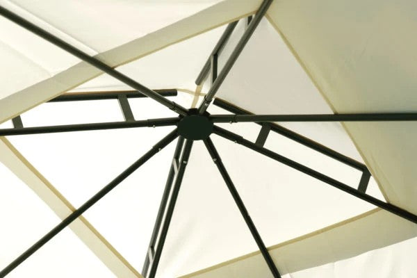 Gazebo da Esterno rettangolare 3x2m con struttura in ferro grigio antracite e telo ecrù, in un piccolo giardino.