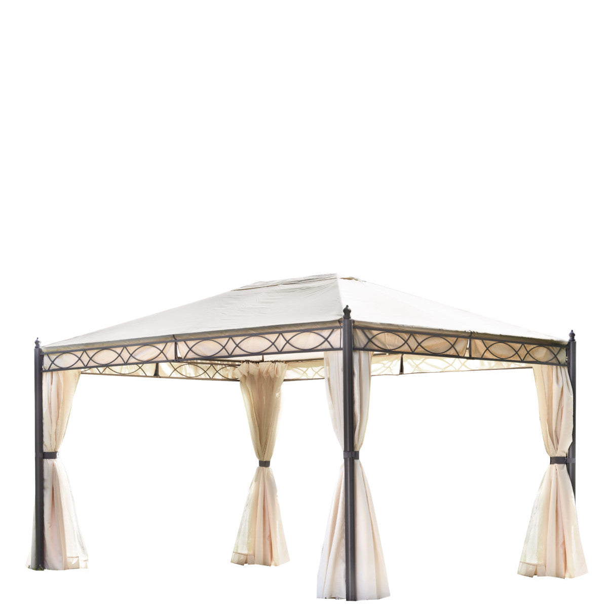 Gazebo da Esterno rettangolare con struttura in ferro grigio antracite, telo color sabbia e tende laterali ecrù.