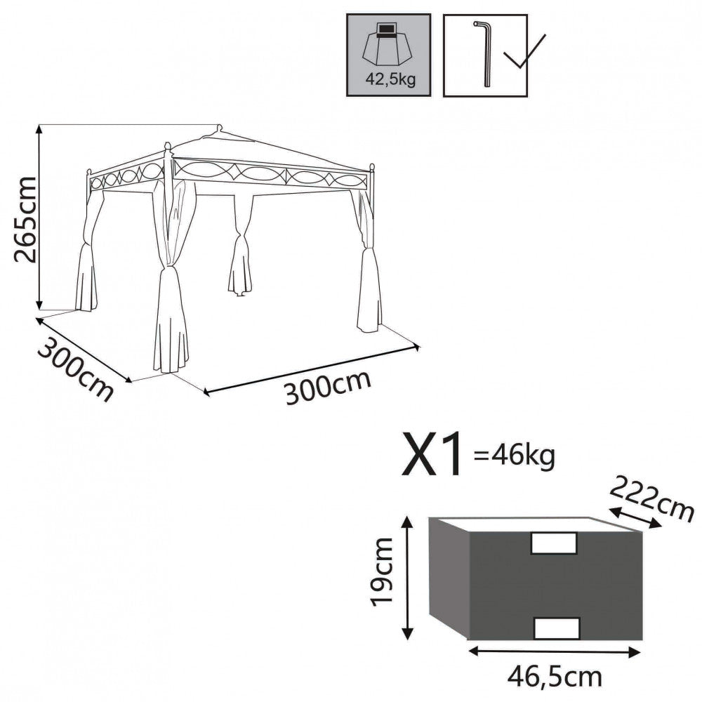 Disegno tecnico con dimensioni del Cosma GAZEBO SIWA 3 X 3