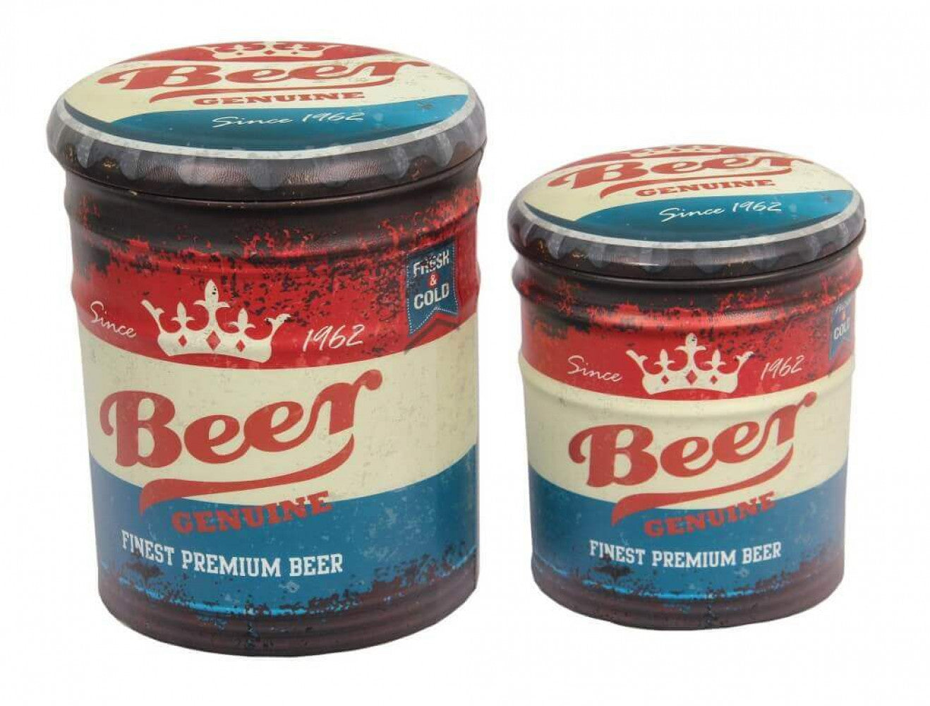 SET DI 2 POUF CONTENITORE TONDO BIRRA BLU E ROSSO