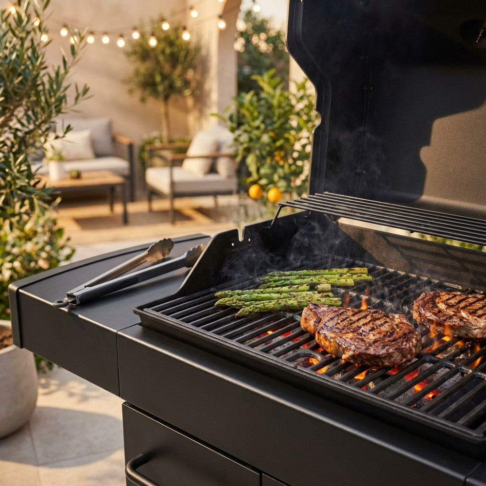 Barbecue a gas moderno all'aperto con griglia in ghisa nera su cui cuociono bistecche e asparagi, circondato da un elegante patio.