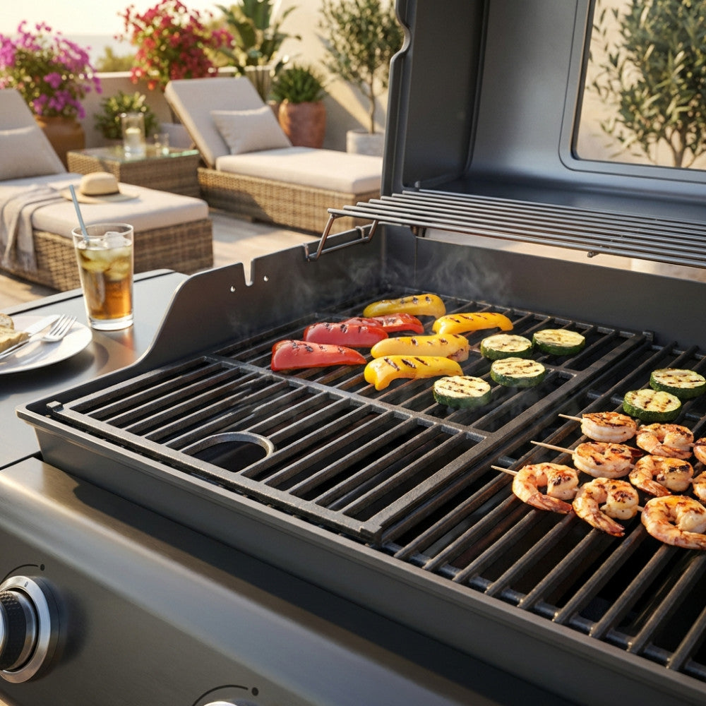 Griglia piccola in ghisa nera per barbecue Maine con verdure e gamberi in cottura su terrazza elegante.