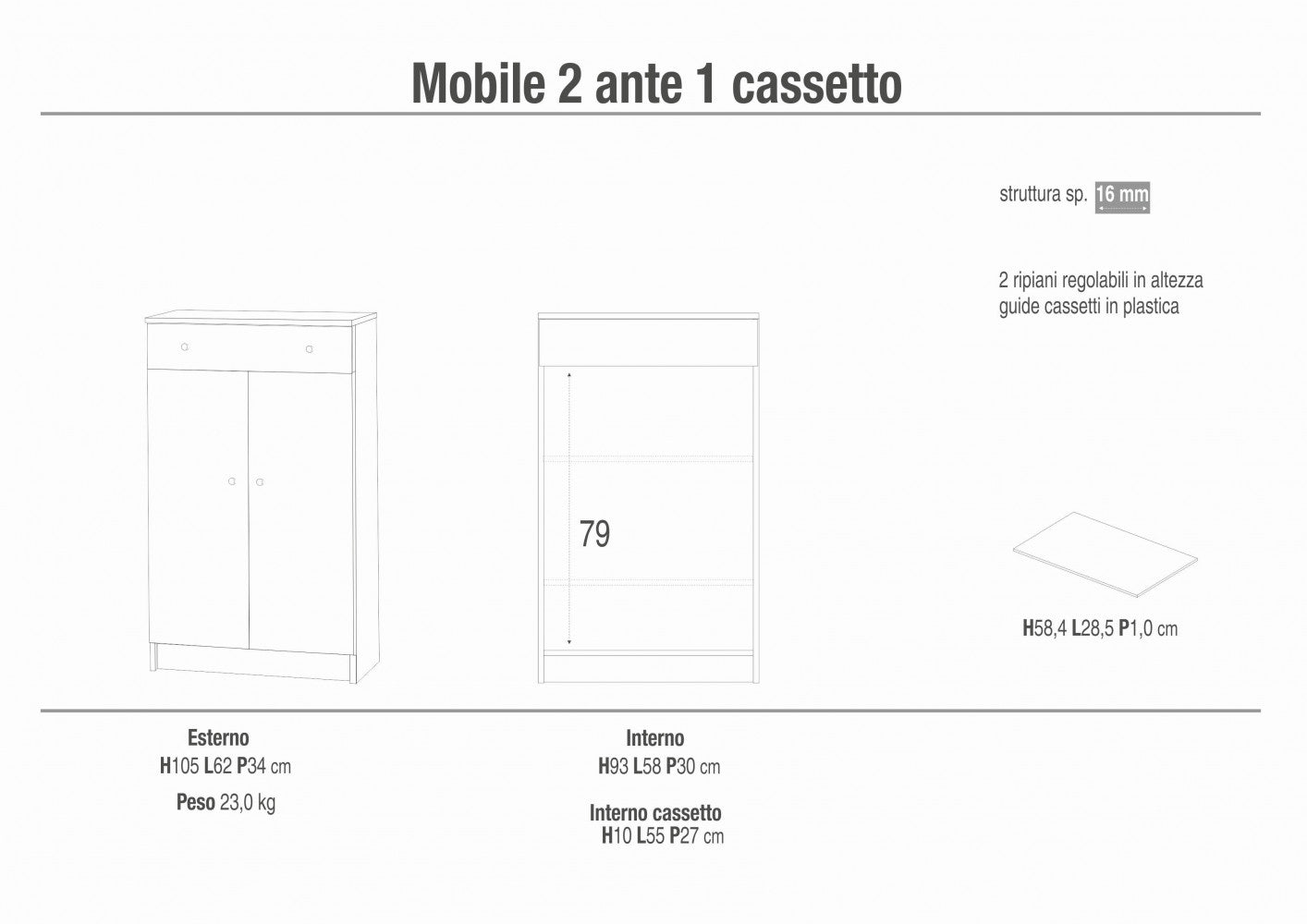 MOBILE 2 ANTE 1 CASSETTO EUCALIPTO