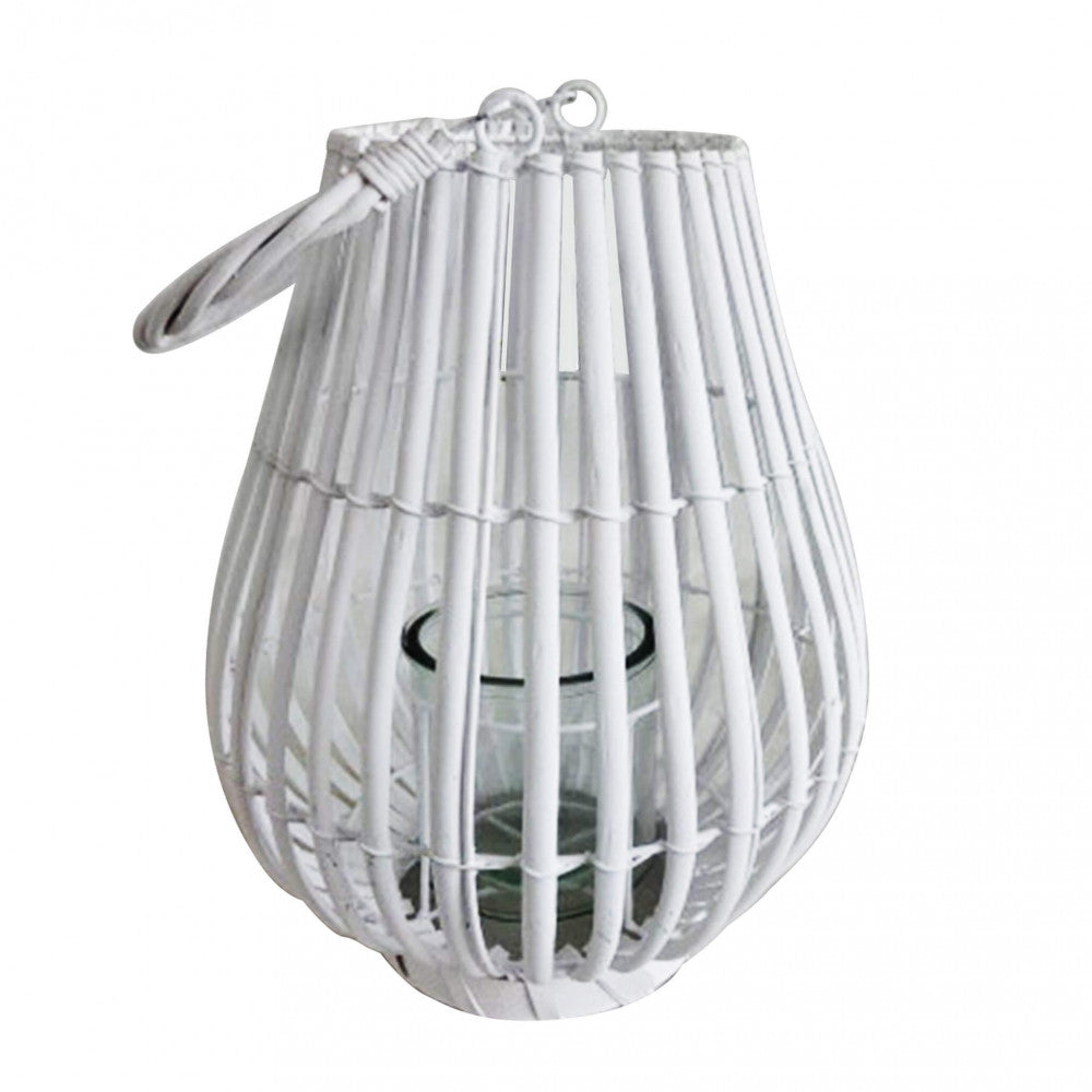 Lanterna Adeline grande (43 cm) in vimini bianco con inserto in vetro.