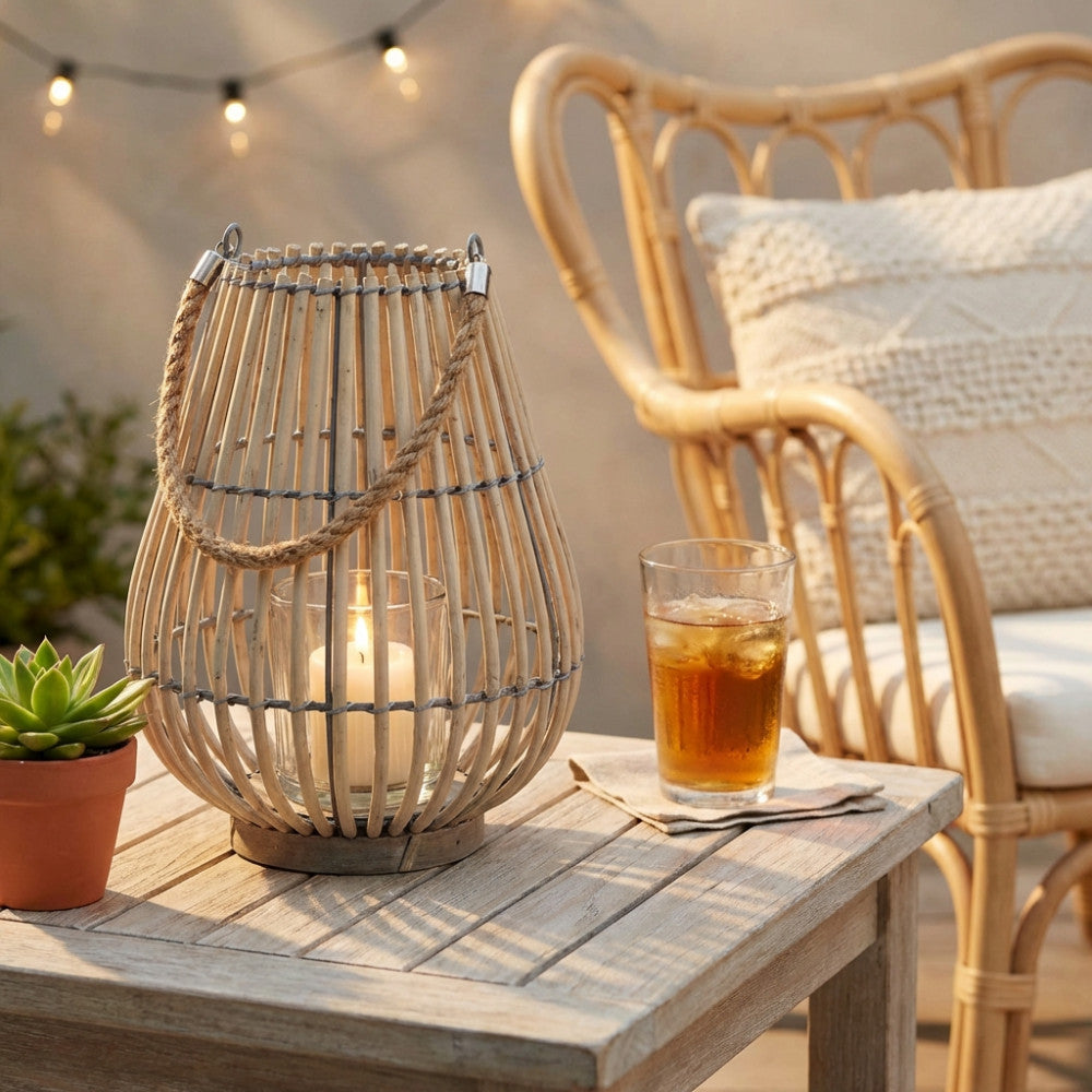 Dettaglio della lanterna in vimini illuminata da una candela interna, affiancata da un bicchiere su un tavolo in legno con poltrona in rattan sullo sfondo.