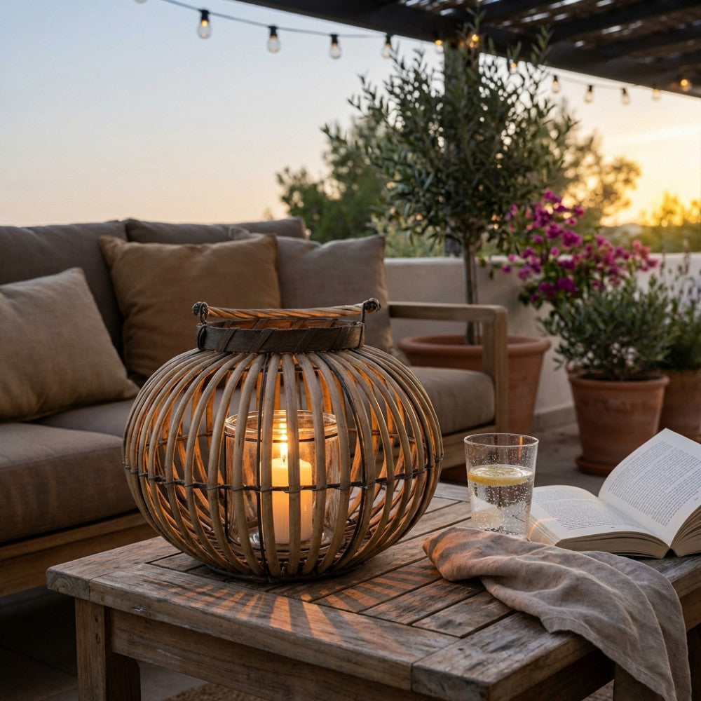 Lanterna Desiree in vimini e vetro illuminata su un tavolo in legno grezzo al tramonto, affiancata da un bicchiere d'acqua e un libro aperto in un elegante patio esterno.
