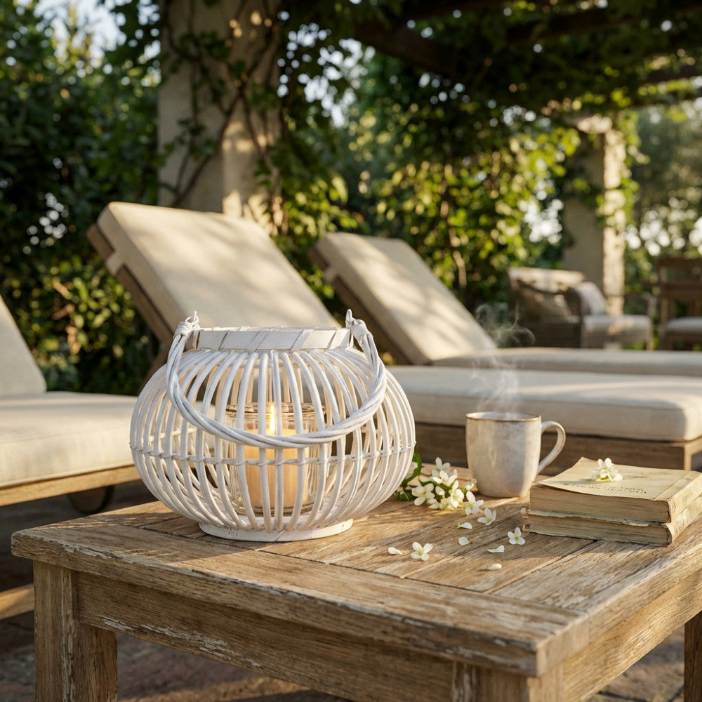 Lanterna decorativa in vimini bianco su un tavolino rustico in giardino, affiancata da una tazza in ceramica e libri antichi.