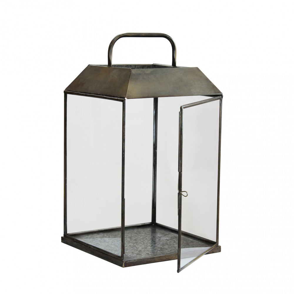 Lanterna Keisha Piccola in metallo bronzo su un tavolo Vista panoramica aperta