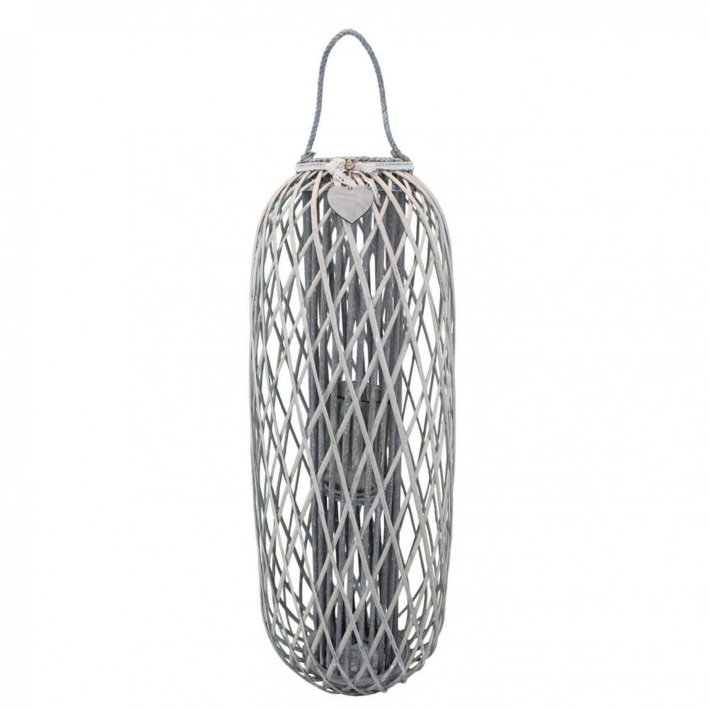 lanterna alexane grigia intreccio in vimini con cuore vetro alta 115 cm pizzo cuore gigante shabby chic