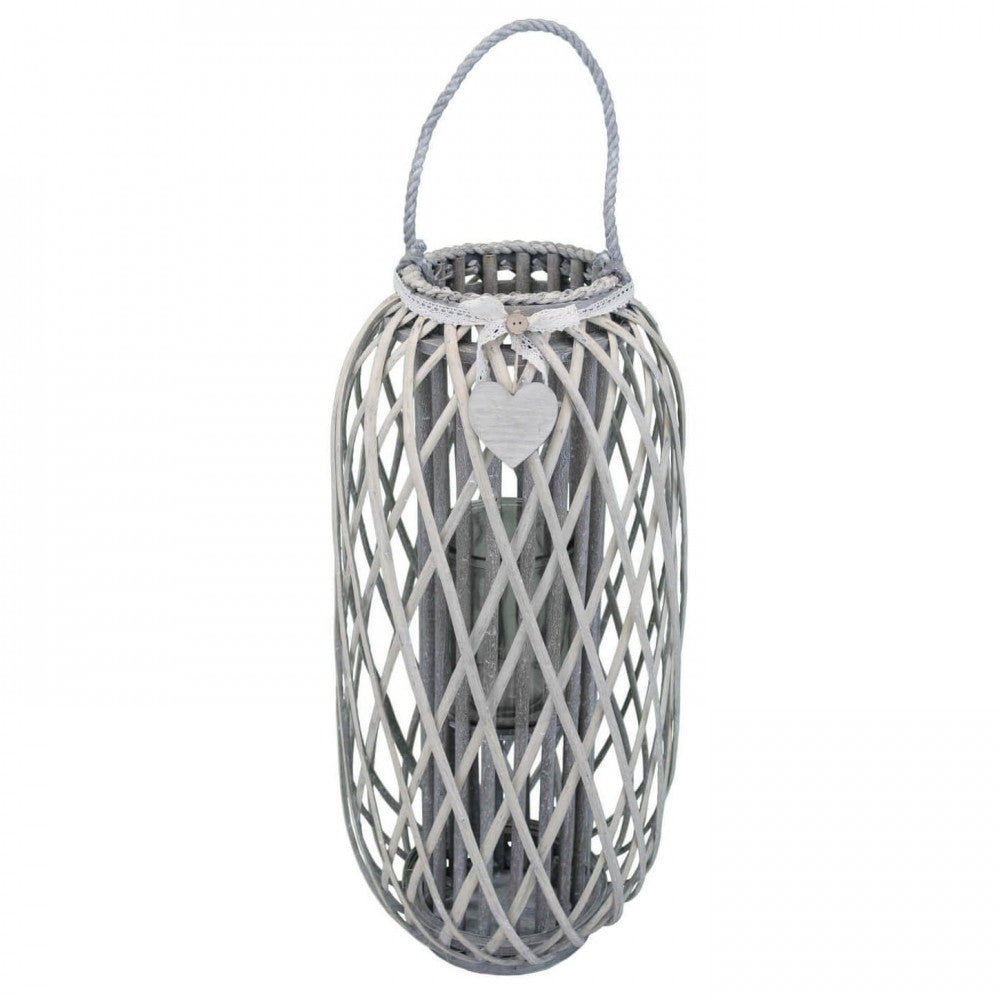 lanterna caroline grigia con intreccio in vimini vetro alta 86 cm pizzo cuore shabby chic