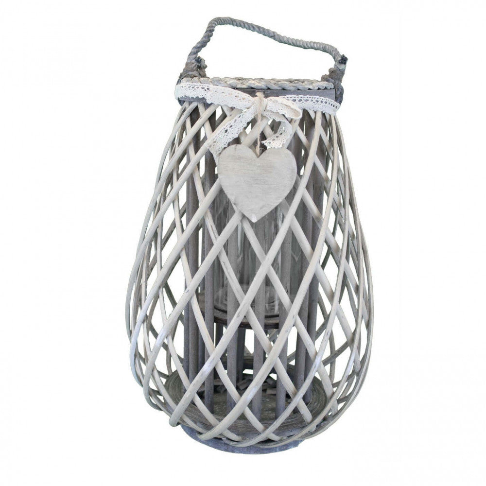 lanterna mireille grigia vimini vetro piccola 36 cm pizzo cuore shabby chic