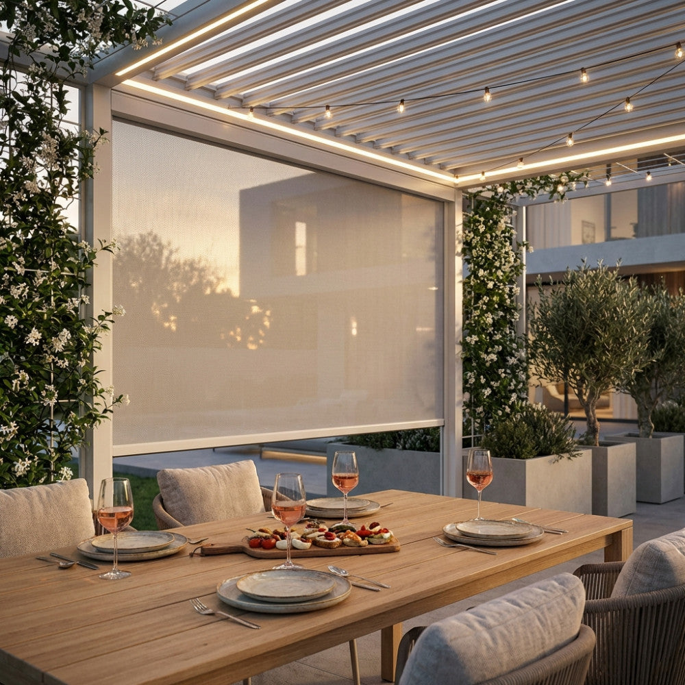Pergola bioclimatica illuminata al tramonto con pannello laterale in alluminio e textilene a mezza altezza.