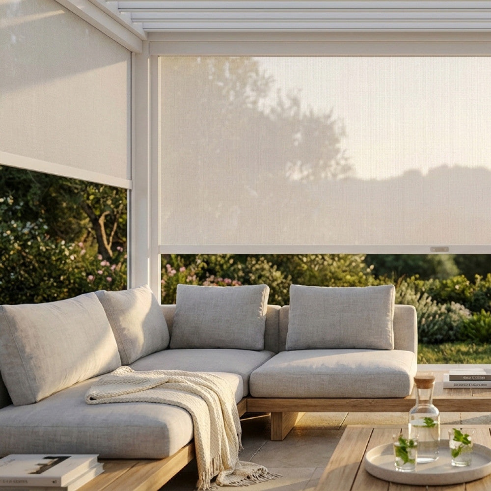 Vista angolare della tenda laterale da 3 metri installata su un gazebo, con divano in tessuto e tavolino in legno.
