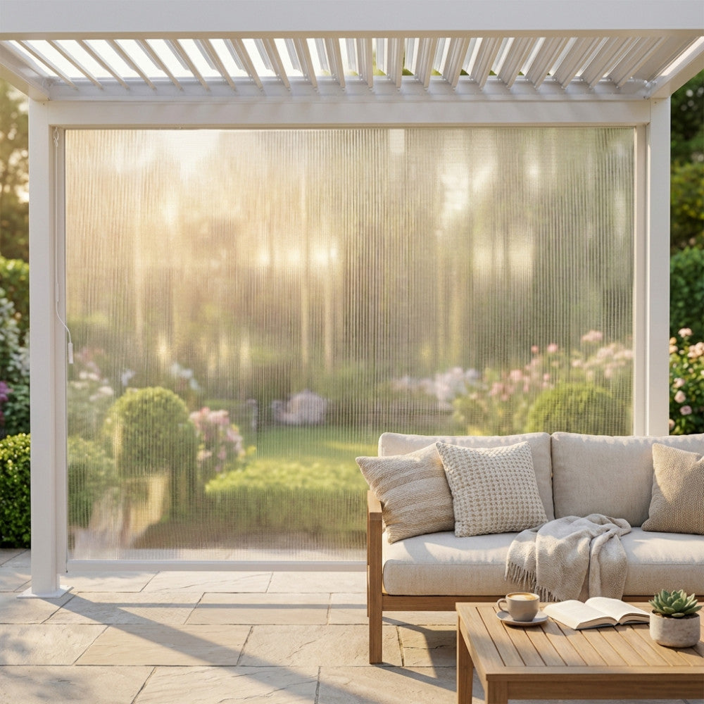 Dettaglio della tenda laterale da 3 metri in PVC, che protegge un divano da esterni con cuscini neutri in un giardino rigoglioso.