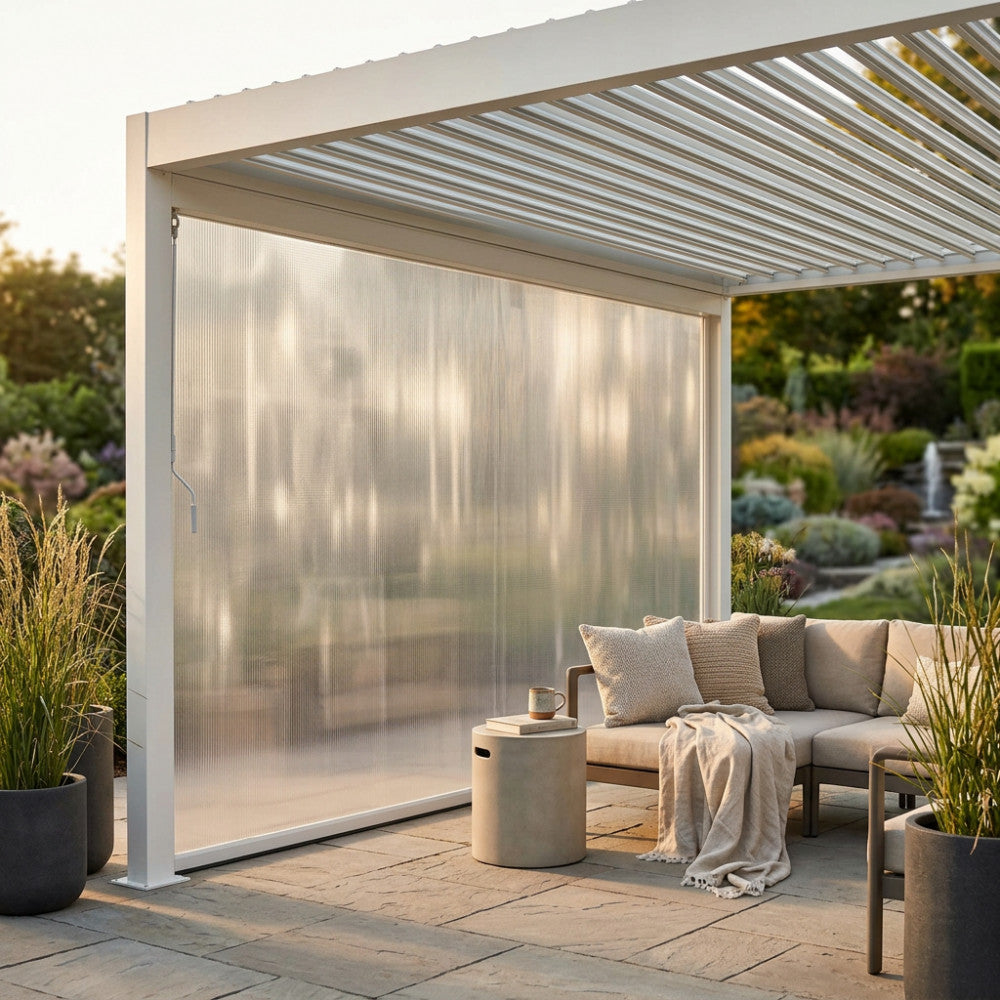 Vista angolare della tenda laterale in PVC bianco integrata in una pergola bioclimatica immersa in un giardino lussureggiante.