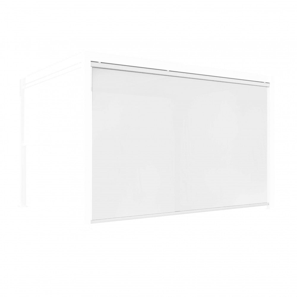 Prospettiva angolare della struttura in alluminio bianco con tenda in textilene integrata.