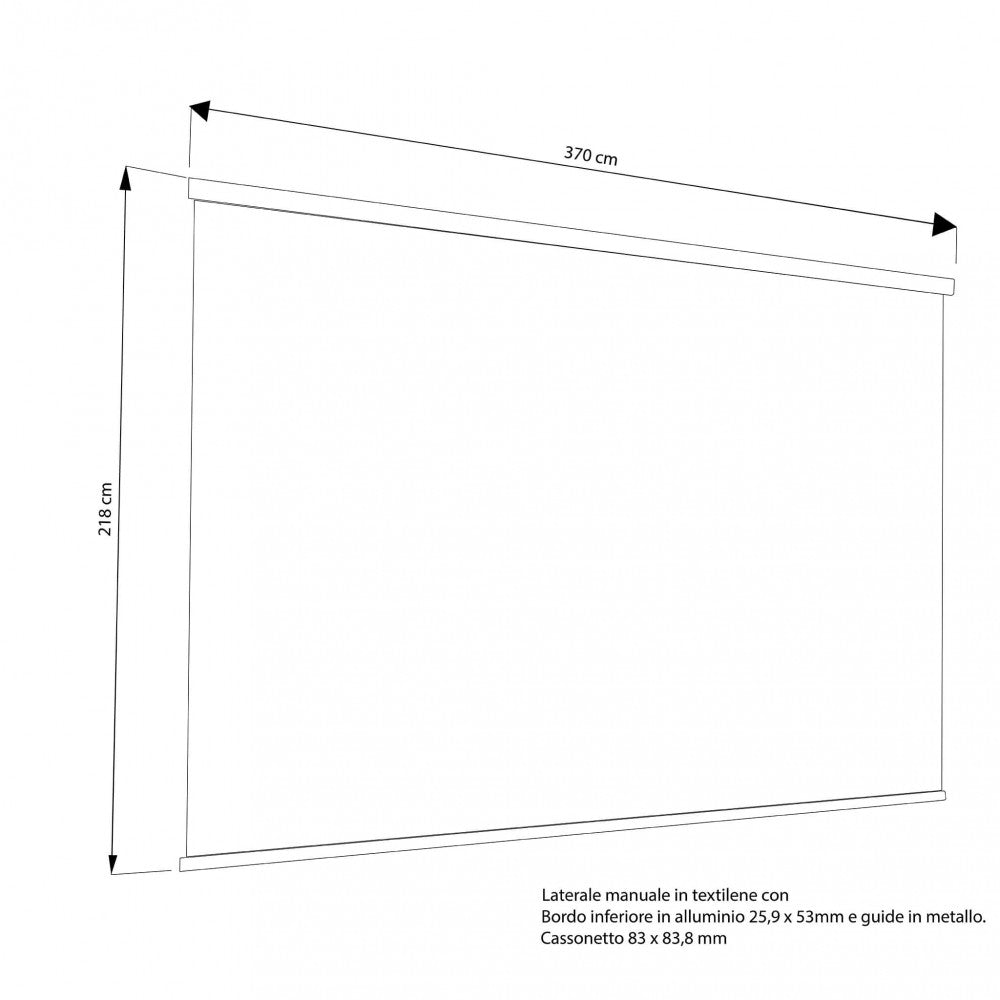 Disegno tecnico della tenda laterale con dimensioni di 370 cm di larghezza e 218 cm di altezza.