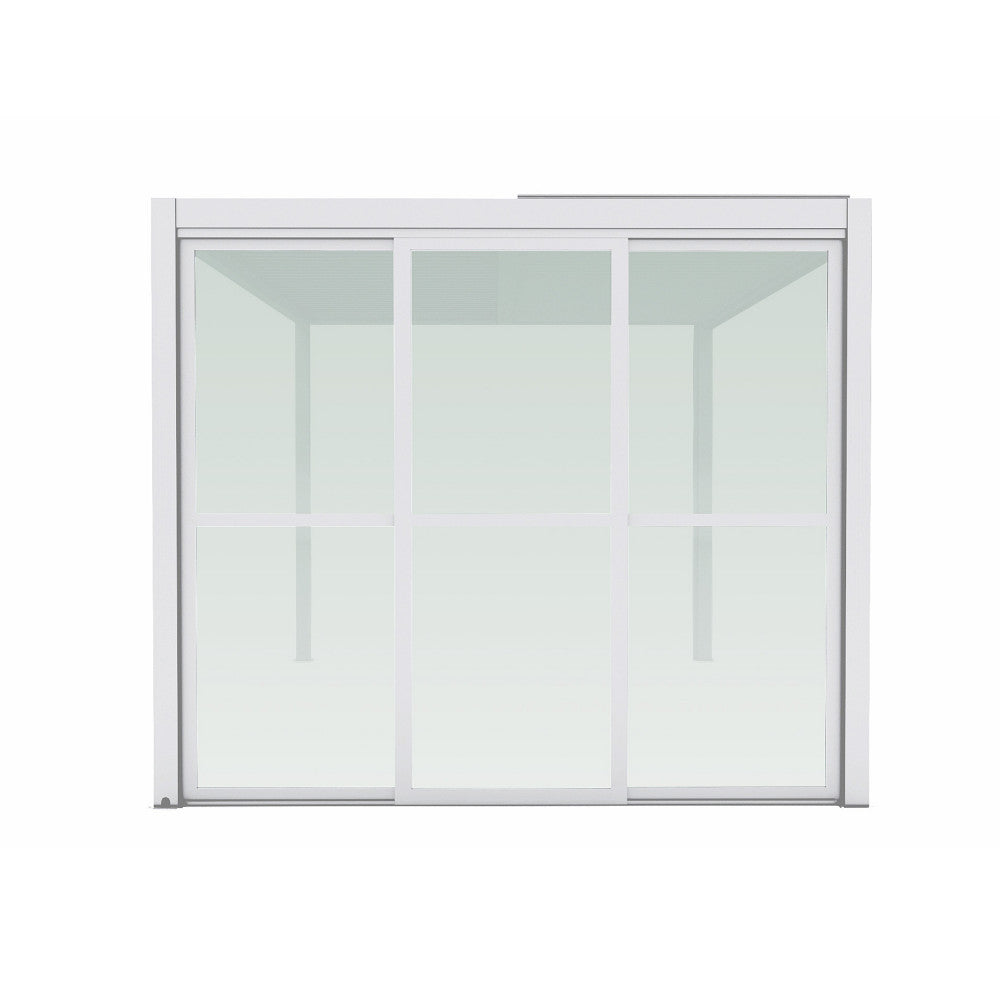 Vista frontale isolata della parete laterale per pergola da 3 metri, che evidenzia i pannelli in policarbonato e il telaio bianco minimalista.