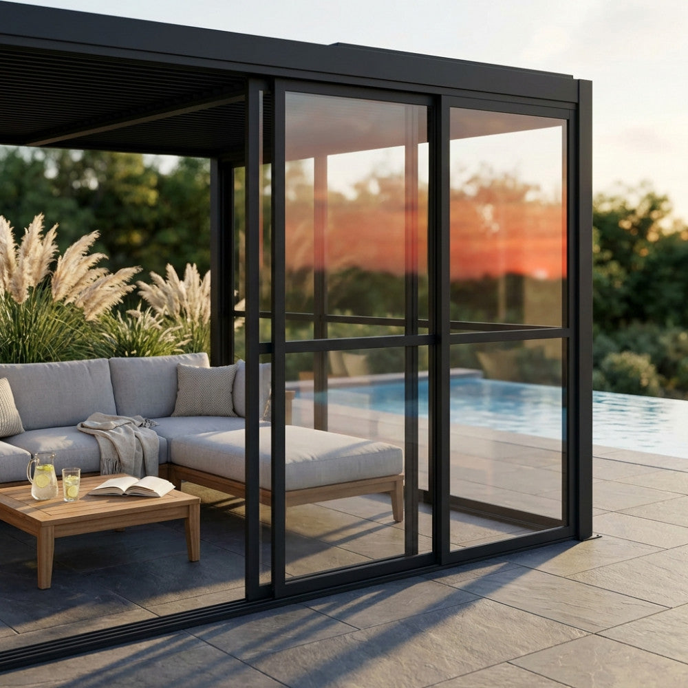 Laterale in policarbonato grigio scuro integrato in una pergola bioclimatica moderna, che filtra la calda luce del tramonto accanto a un'elegante area lounge esterna.