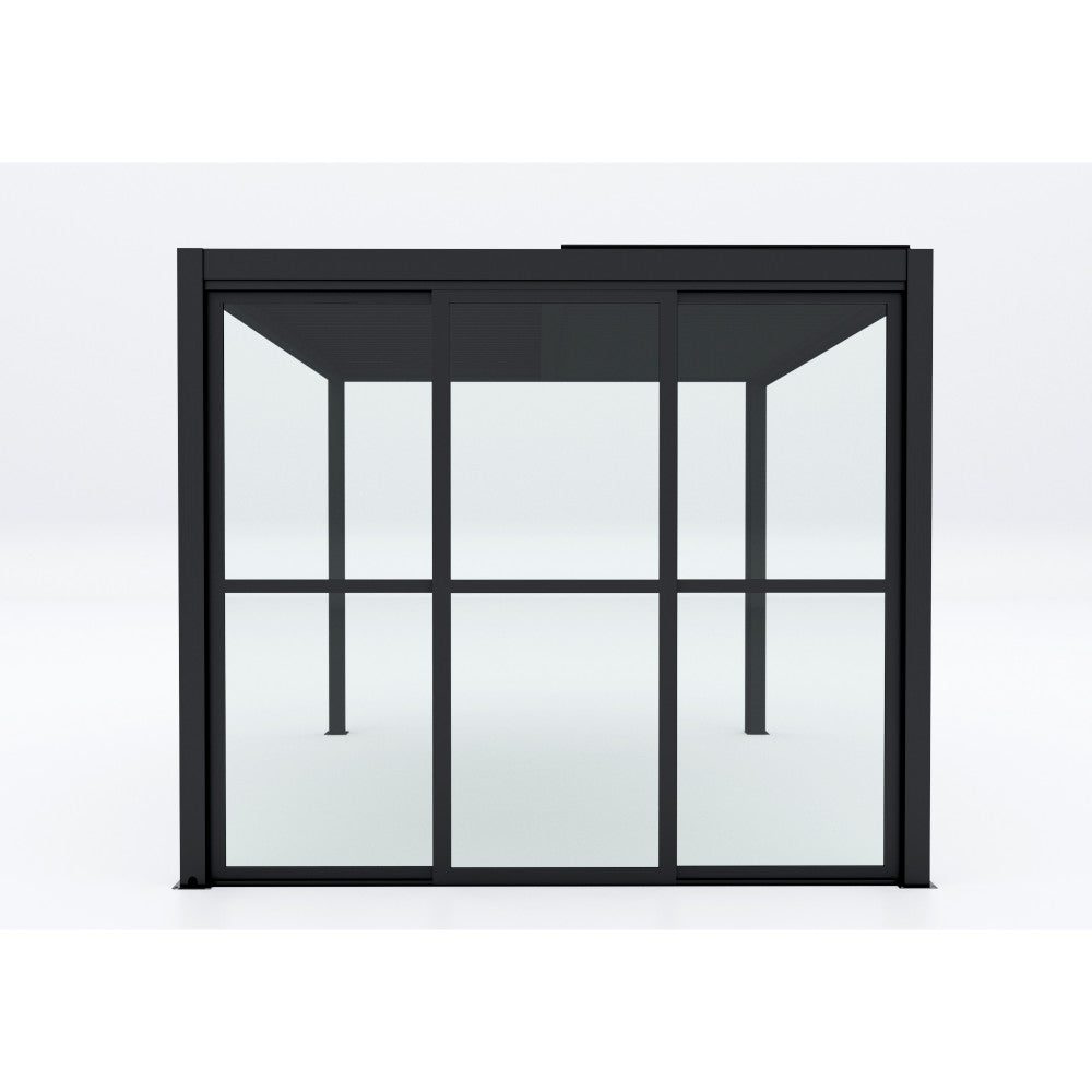 Vista frontale del laterale in policarbonato per pergola da 3 metri, che evidenzia le linee architettoniche pulite e la struttura moderna su sfondo neutro.