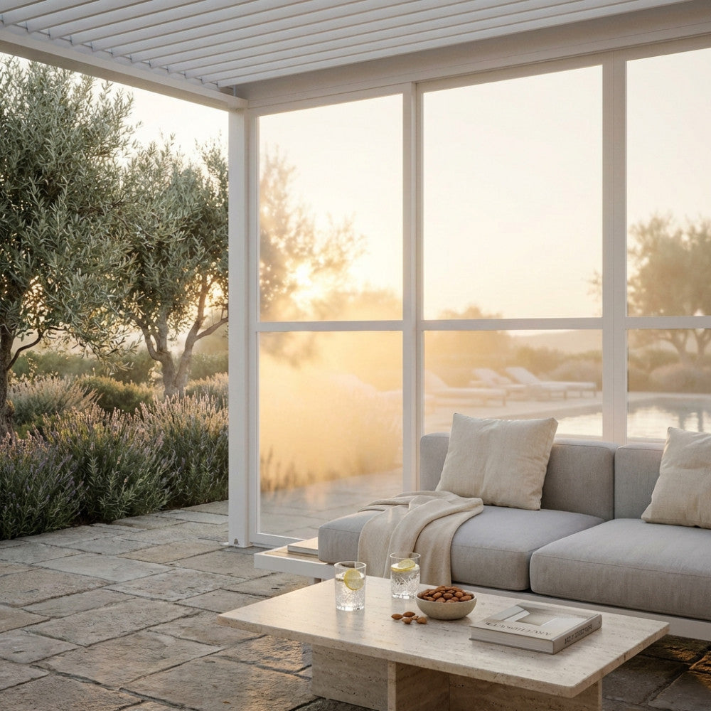 Dettaglio della luce naturale che filtra attraverso il laterale in policarbonato della pergola, con vista su un giardino mediterraneo.