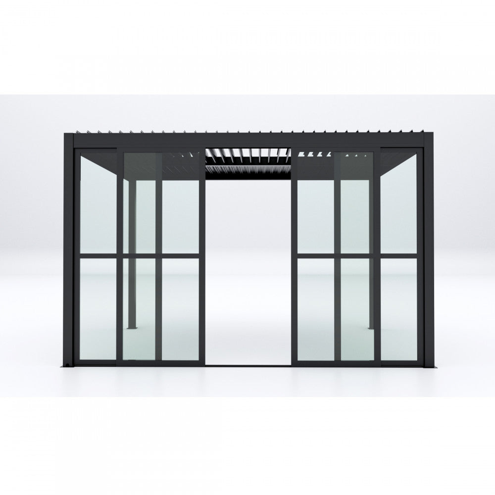 Struttura architettonica del laterale in policarbonato grigio scuro per lato da 4 metri, isolata su sfondo bianco per evidenziare il design minimalista.