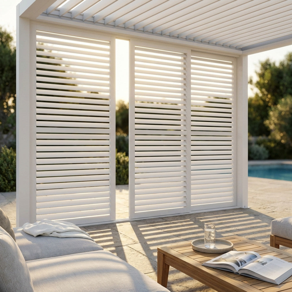 Pannello laterale scorrevole in alluminio bianco per pergola bioclimatica, parzialmente aperto, che filtra la luce solare su un divano da esterno.