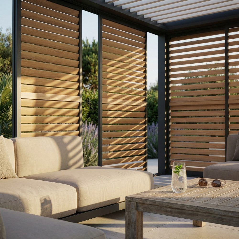 Pannello laterale scorrevole in alluminio effetto legno per pergola, parzialmente chiuso, che filtra la luce solare su un divano outdoor.