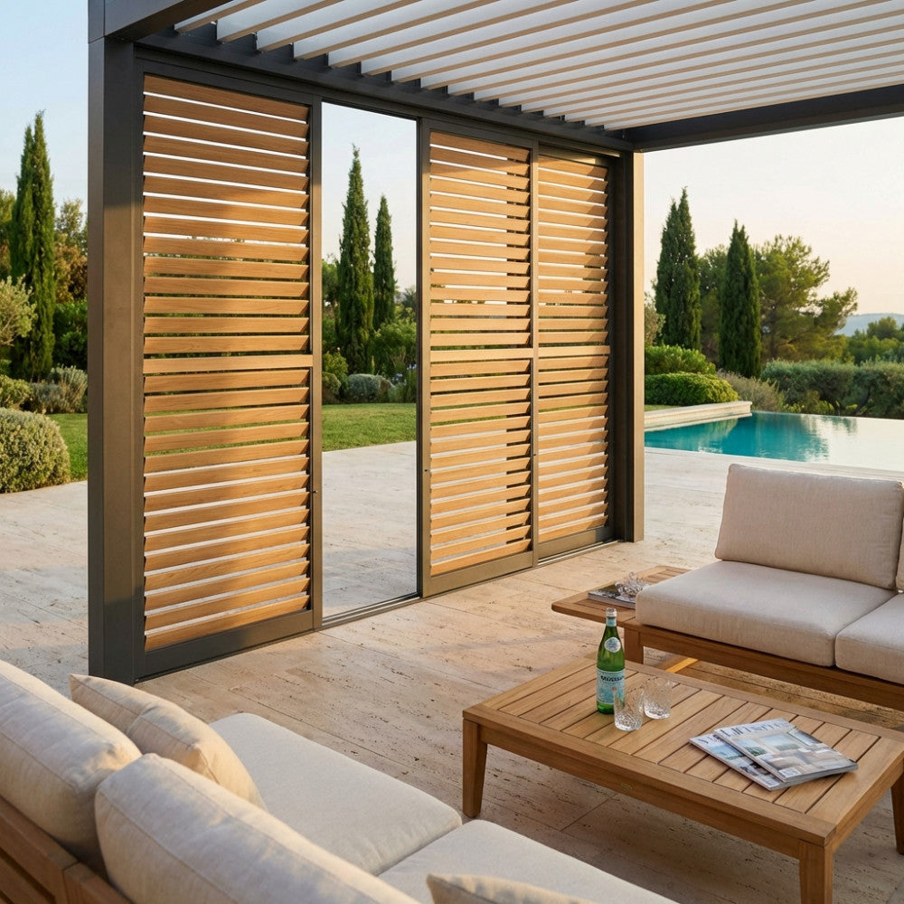 Vista ampia di una pergola bioclimatica con pannelli scorrevoli a lamelle in alluminio marrone, aperti verso una piscina e un giardino.