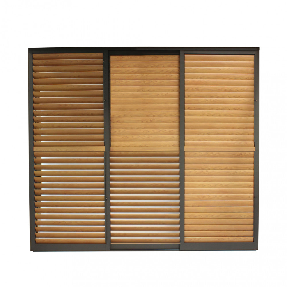 Pannello laterale per gazebo con lamelle orientabili in alluminio, modulo centrale parzialmente aperto per mostrare il meccanismo.