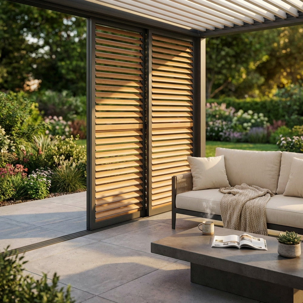 Laterale scorrevole in alluminio marrone per pergola bioclimatica, vista dal giardino con divano outdoor.