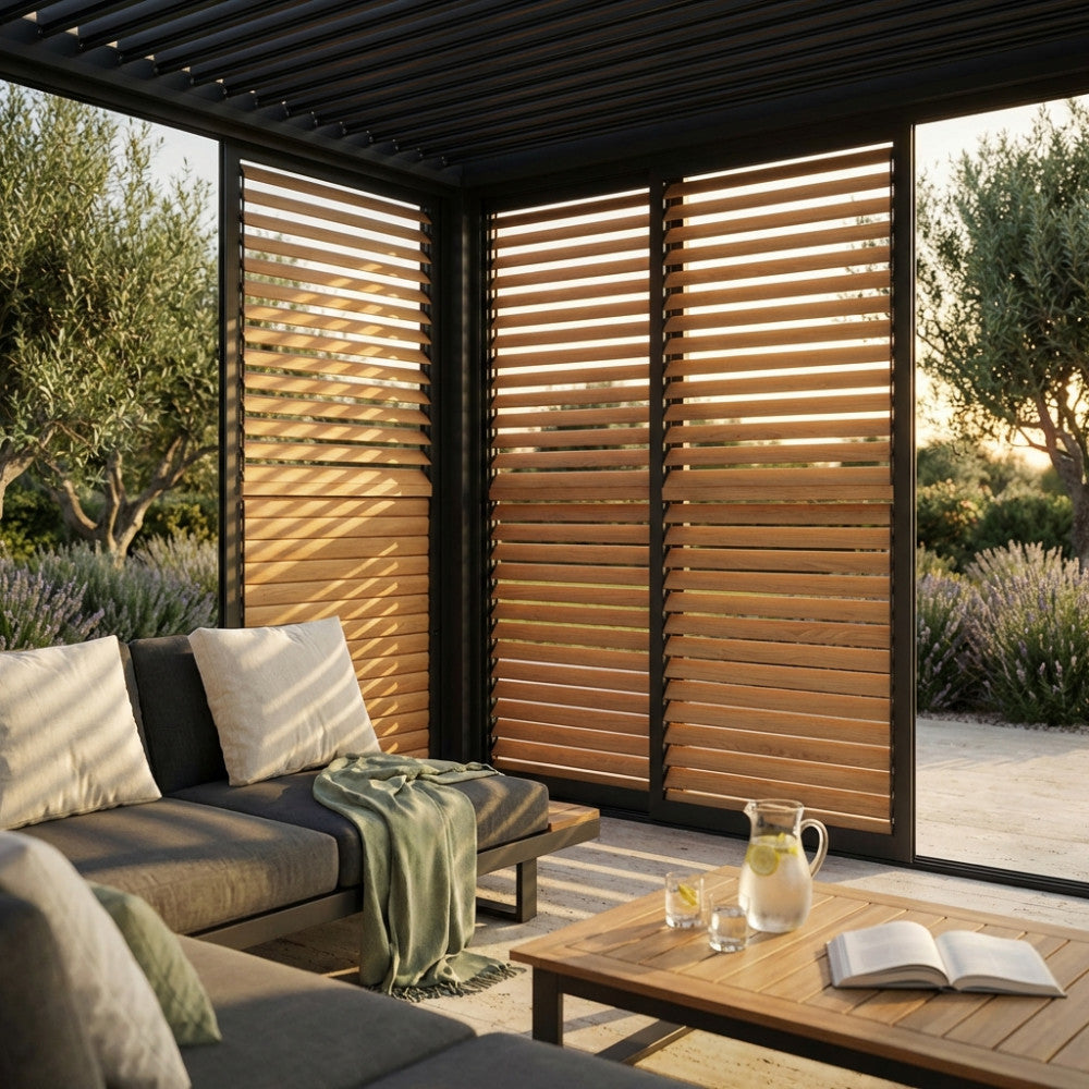 Dettaglio delle lamelle frangisole in alluminio finitura legno marrone all'interno della pergola.