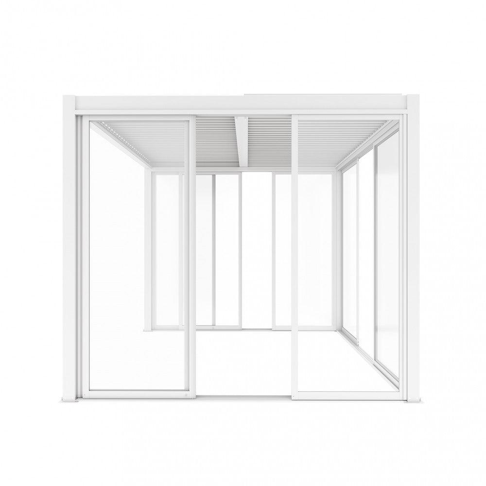 Laterale scorrevole con vetro per lato da 3 metri di pergola bioclimatica in alluminio bianco.