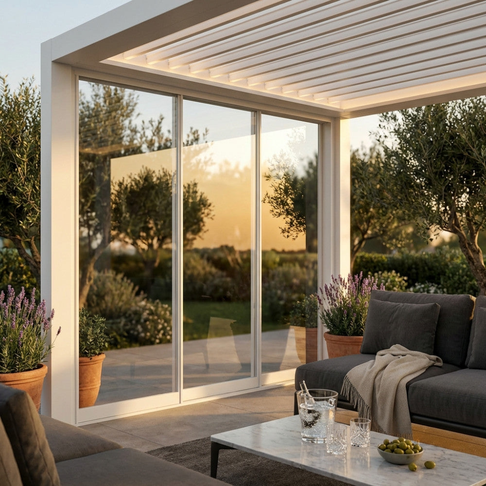 Dettaglio della parete in vetro scorrevole per pergola bioclimatica che riflette la luce naturale