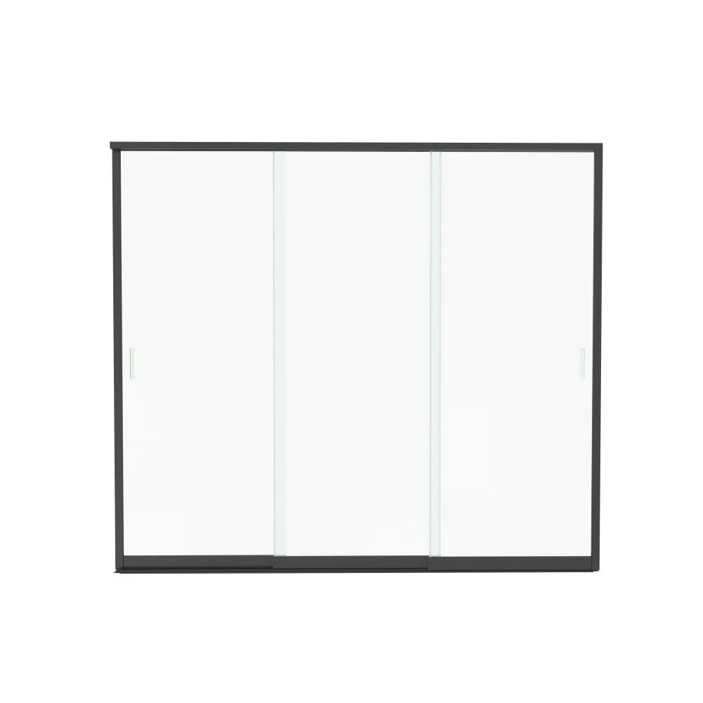 Struttura isolata del laterale in vetro a tre ante su sfondo bianco, evidenziando il design minimalista e i profili scuri.
