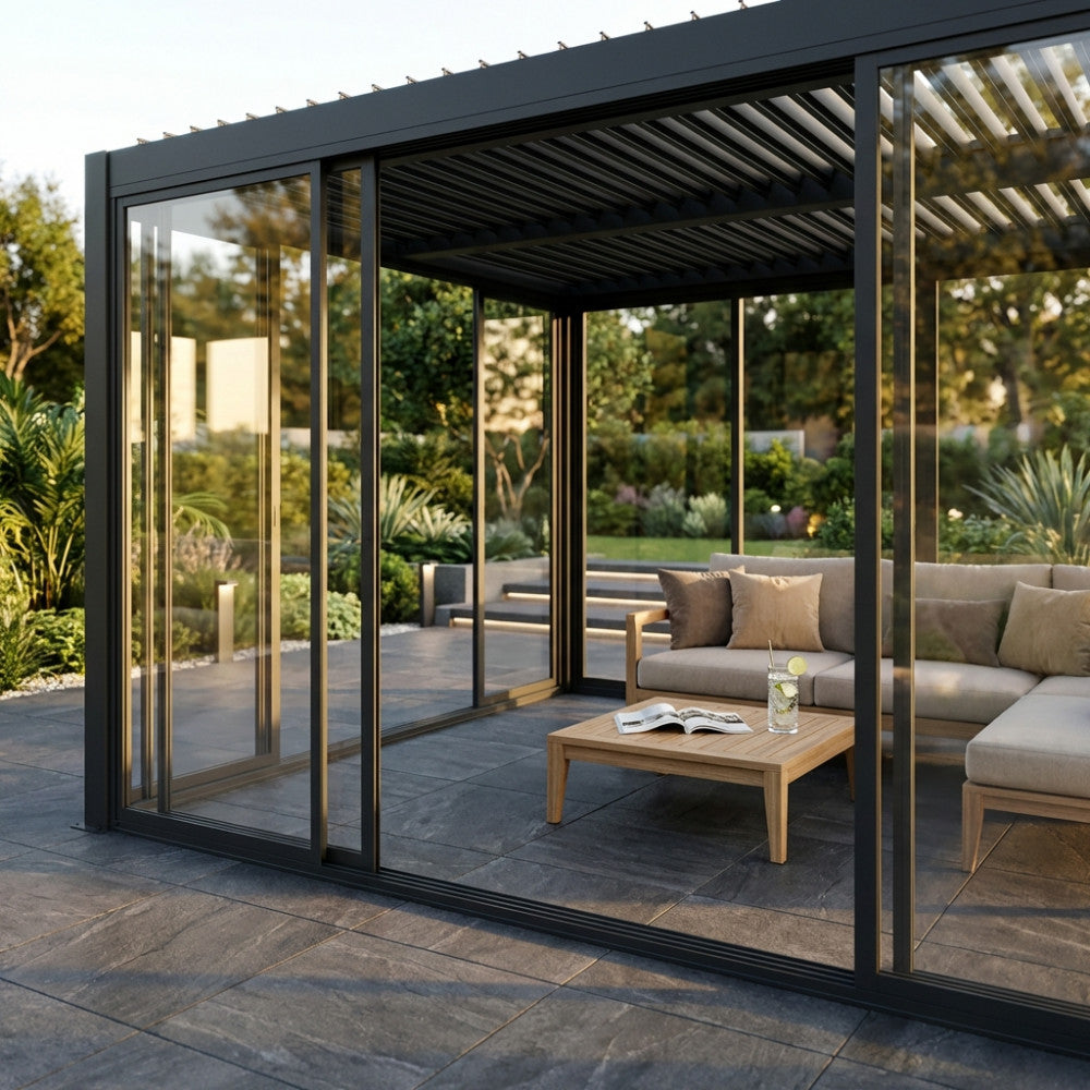 Pergola bioclimatica in alluminio antracite chiusa con laterale in vetro a quattro porte scorrevoli, arredata con salotto da esterni.