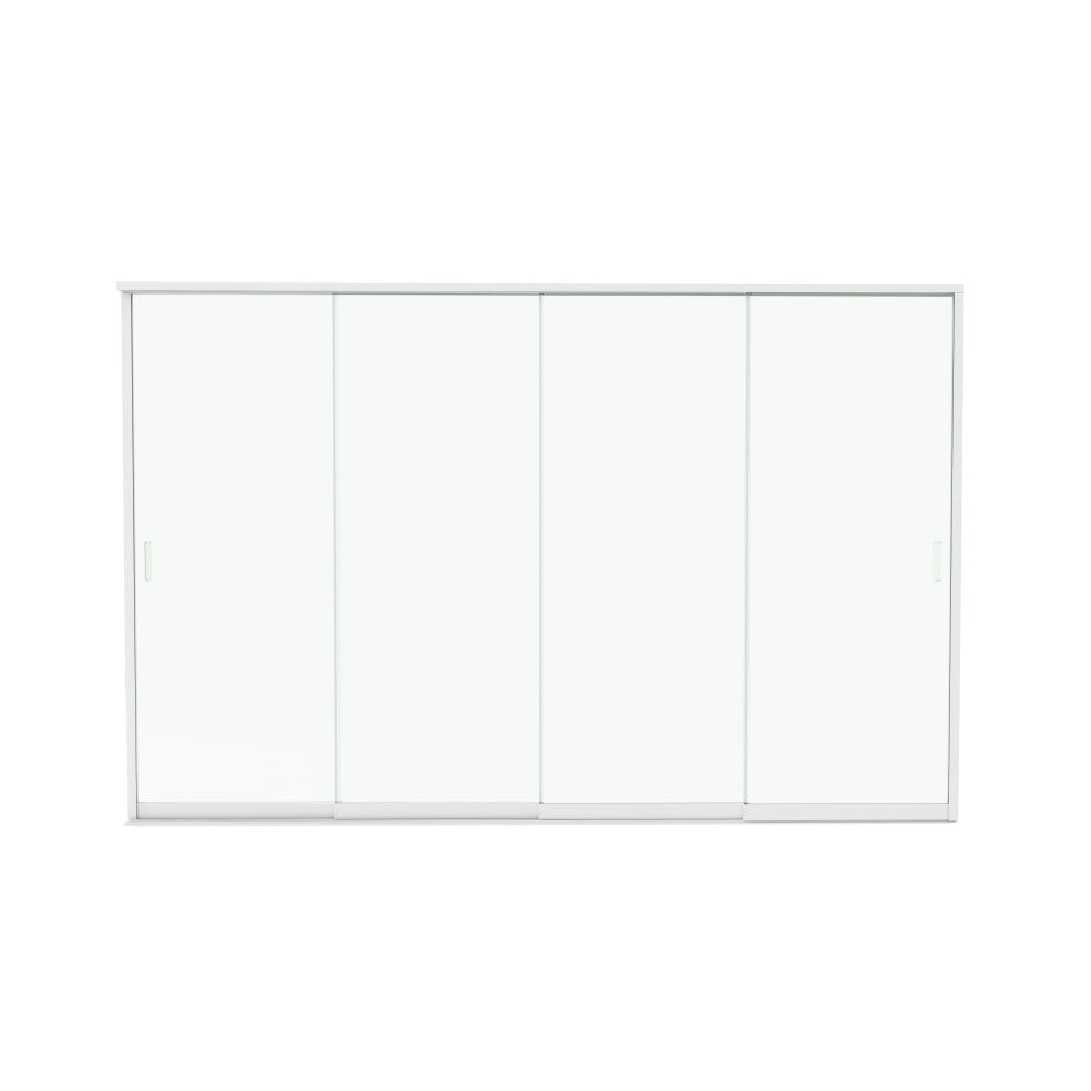 Vista frontale del sistema a quattro pannelli scorrevoli in vetro bianco per pergola bioclimatica, isolato su sfondo neutro.
