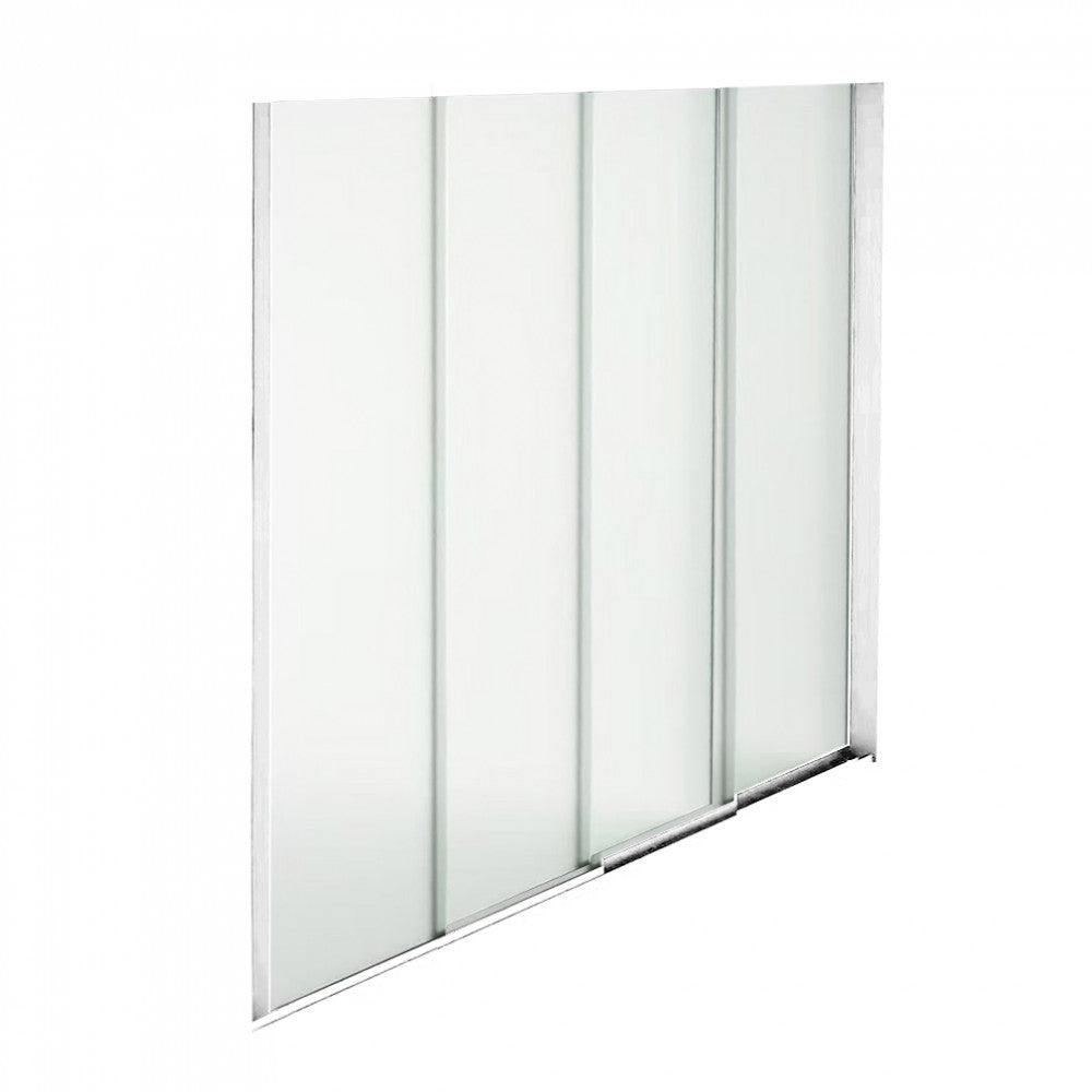 Prospettiva angolata della struttura del laterale in vetro bianco, che evidenzia i binari di scorrimento e il design minimalista.