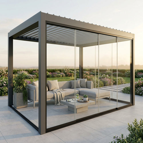 Moderna pergola bioclimatica grigio scuro con pannelli in vetro scorrevoli, che racchiude una lussuosa area lounge esterna in un giardino rigoglioso.