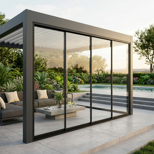 Primo piano delle porte scorrevoli in vetro premium su una pergola grigio scuro, che riflettono un giardino sereno e una piscina.
