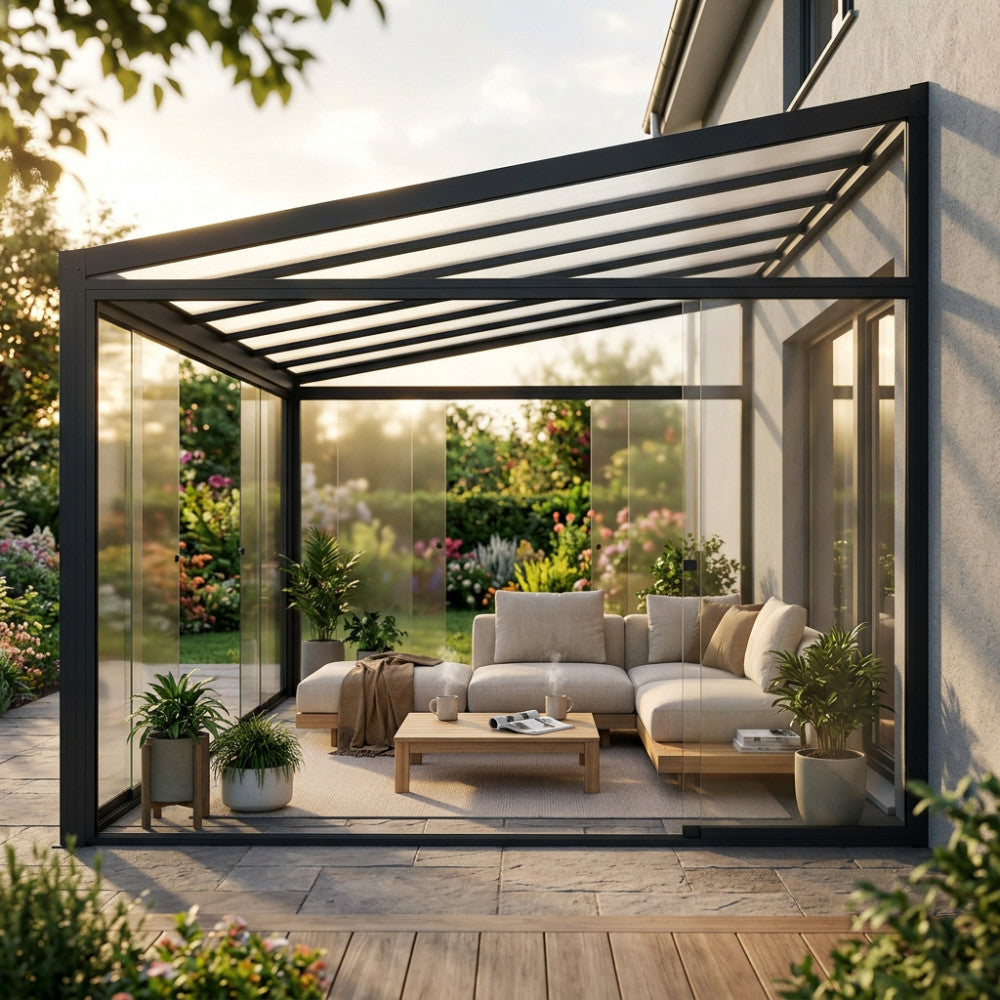 Veranda addossata moderna con laterale in vetro grigio scuro, arredata con divano chiaro e piante rigogliose.
