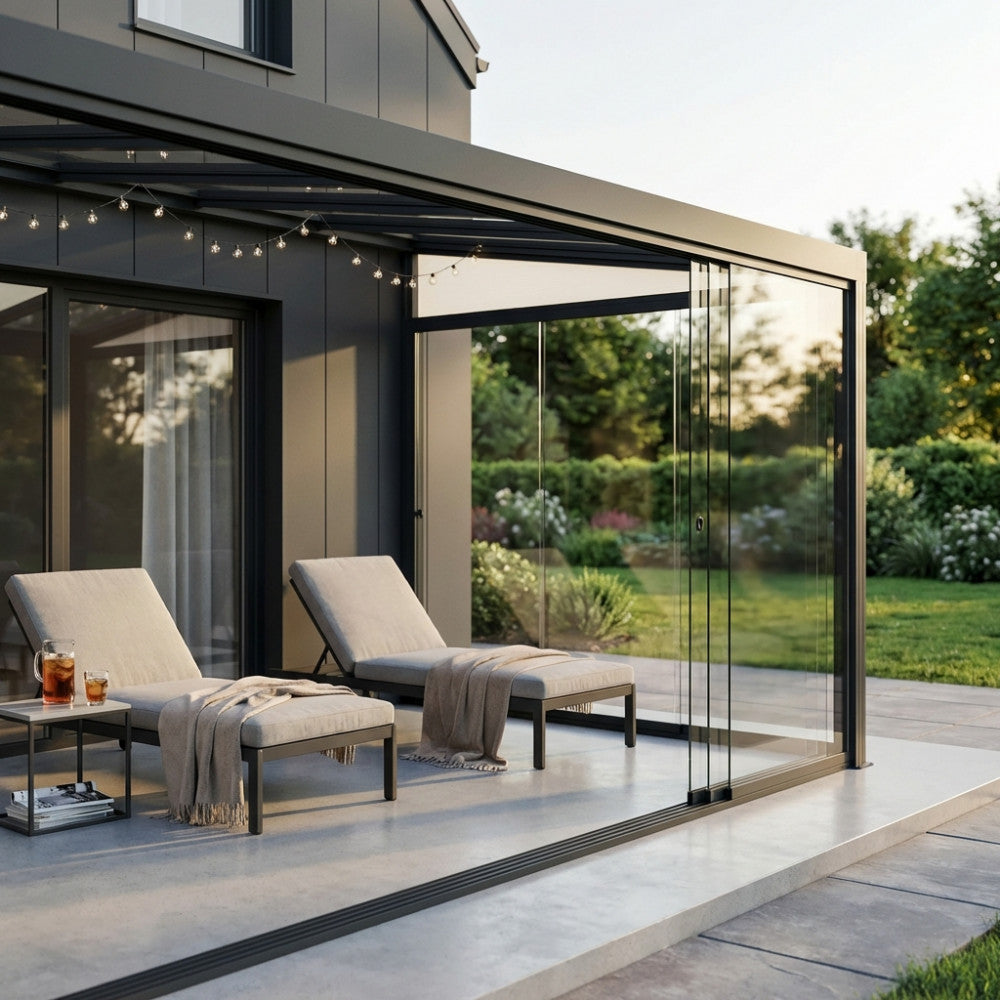 Dettaglio del laterale in vetro per veranda, con lettini prendisole eleganti e vista sul giardino illuminato dal sole.