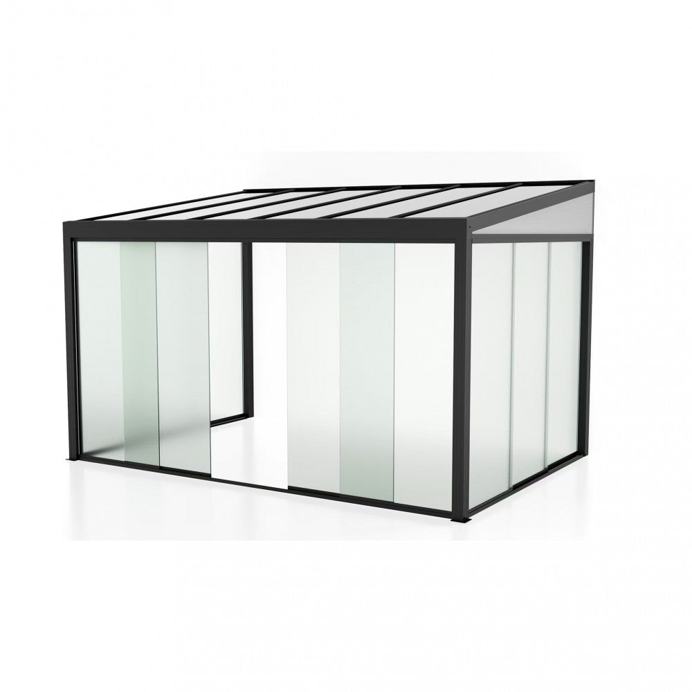 Struttura isolata del gazebo laterale in vetro su sfondo bianco, che mostra il design pulito e moderno.