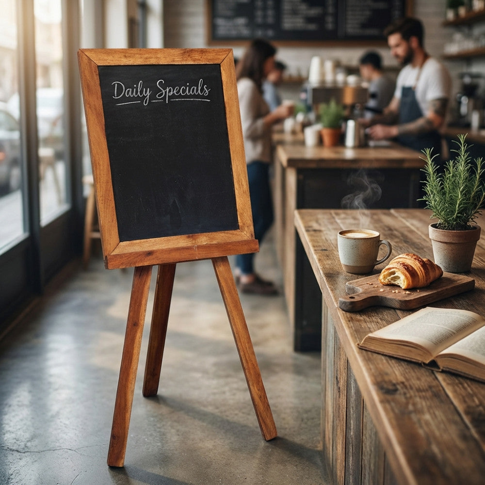 Lavagna Beverley in legno riciclato posizionata in una caffetteria con caffè e croissant sul bancone.