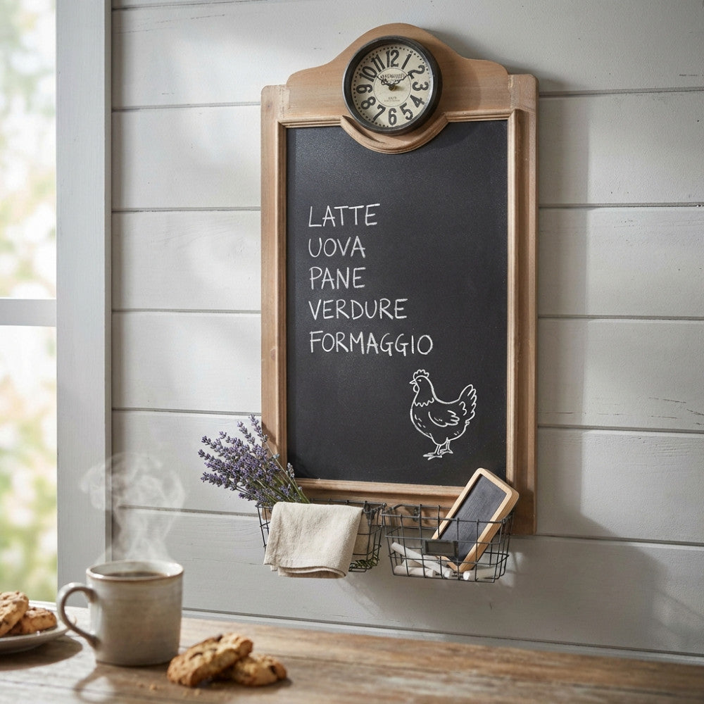 Dettaglio dell'orologio lavagna vintage inserito in una cucina rustica, con una tazza fumante in primo piano e scritte della lista della spesa.