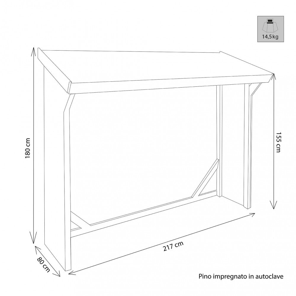 Disegno tecnico della Legnaia PIBD02458 con indicazione delle dimensioni: larghezza 217 cm, profondità 80 cm, altezza 155/180 cm.