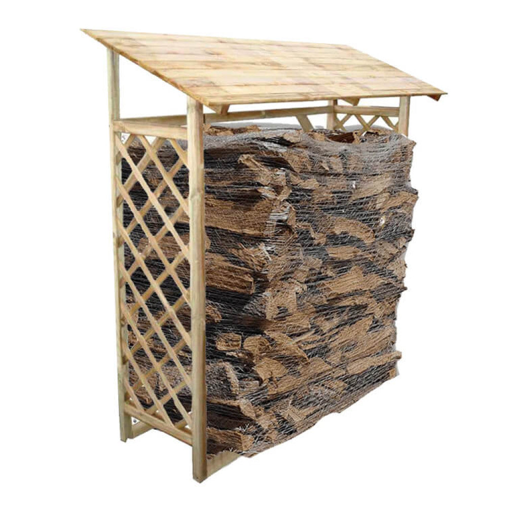 Legnaia da esterno realizzata in pino impregnato, ideale per lo stoccaggio della legna da ardere